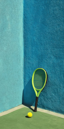 Green tennis racket and yellow ball positioned in the corner of a vibrant blue and green court, capturing the essence of sport, leisure, and a break in play under bright sunlightの素材
