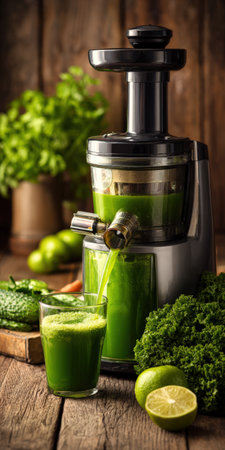 Green juice pouring into a glass from a juicer, surrounded by fresh kale, limes, and other vegetables on a rustic wooden table, symbolizing healthy living and detoxの素材