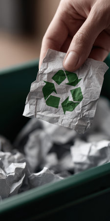 Hand placing a piece of crumpled paper featuring the green recycling symbol into a dark green bin filled with similar waste paper, emphasizing sustainability and environmental responsibilityの素材