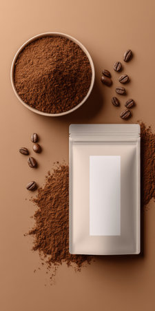 Ground coffee in a bowl, scattered beans, and an empty branded pouch on a brown background offer a versatile packaging mockup for various product presentations and design conceptsの素材