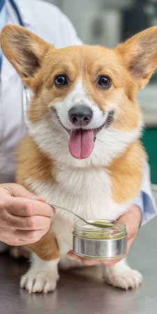 Smiling pembroke welsh corgi receives a spoonful of green supplement from a veterinarian on an exam table during a wellness visit, highlighting pet health and careの素材