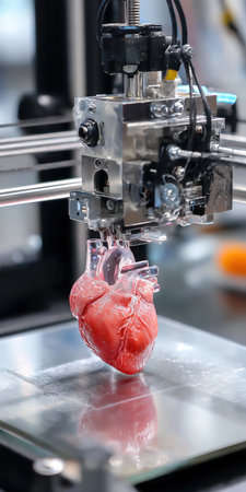 Bioprinter fabricating a detailed human heart, representing advancements in medical science, organ transplantation, healthcare technology, and personalized medicineの素材