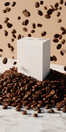 Dark roasted coffee beans falling and surrounding a white cube pedestal, creating a minimalist vertical display for product placement on a marble counterの素材