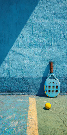 Padel racket leaning against a textured blue wall with a shadow while a yellow ball rests on the green court with a yellow line, depicting sport and leisureの素材
