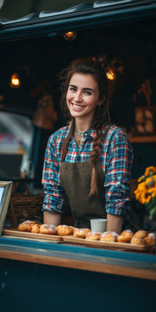 Smiling woman wearing an apron and plaid shirt, standing behind a food stall with fresh pastries at an outdoor market, representing small business ownership and entrepreneurshipの素材