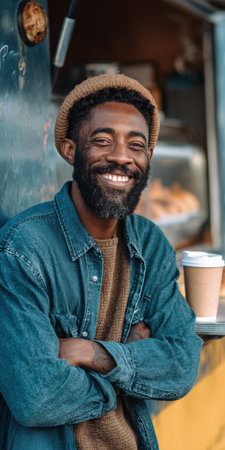 Smiling black man with a beard and knitted beanie, standing with arms crossed next to a food truck counter with a take-away coffee cup, expressing joy and urban lifestyleの素材