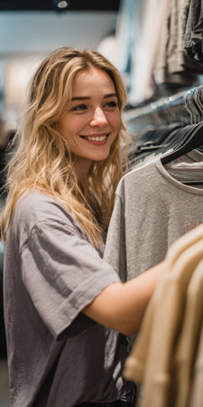 Smiling blonde woman browsing apparel racks, selecting new clothes in a retail store, embodying happiness and satisfaction during a modern shopping experienceの素材