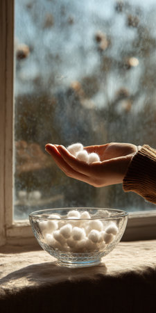Human hand gently holding and offering soft cotton balls over a glass bowl filled with cotton on a windowsill, illuminated by natural sunlight, creating a cozy and clean atmosphereの素材