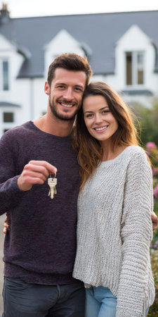Smiling couple embracing, proudly holding new house keys, celebrating home ownership and future together in front of their modern residential propertyの素材