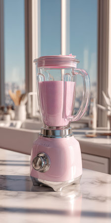 Pink retro-style blender filled with a healthy strawberry smoothie standing on a white marble kitchen counter bathed in bright morning sunlight, perfect for a refreshing breakfastの素材