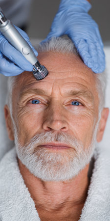 Senior man with white beard and blue eyes receiving professional exfoliation treatment on forehead at dermatology clinic, focused on anti-aging, rejuvenation and healthy skin careの素材