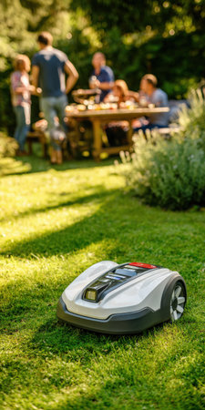 Robotic lawn mower operating in a green garden while a family is having a barbecue in the background, symbolizing modern home automation and leisure timeの素材