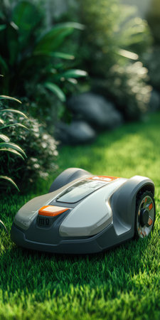 Robotic lawn mower autonomously cutting fresh green grass in a sun-drenched garden, representing smart home technology, innovation, and modern gardening convenienceの素材