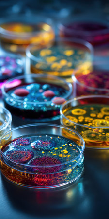 Petri dishes displaying various colored colonies of microorganisms and bacteria culturing on agar plates, representing microbiology research and scientific innovation in a laboratory settingの素材
