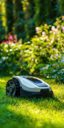 Robotic lawn mower operating automatically on green grass demonstrating smart home technology for modern garden care and autonomous outdoor chores in a residential backyardの素材