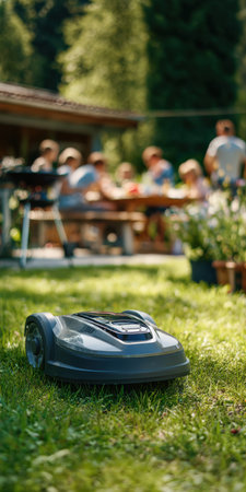 Robotic lawnmower quietly maintaining a lush green backyard lawn while family enjoys a sunny summer barbecue, showcasing smart home convenience and autonomous yard careの素材