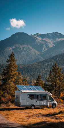 Rv with solar panels parked in an open field surrounded by trees and a vast mountain range under a clear blue sky, illustrating sustainable travel and van lifeの素材