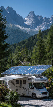 Camper van enjoying sustainable travel with roof-mounted solar panels, parked by alpine forests and towering mountains providing renewable energy in a serene nature settingの素材