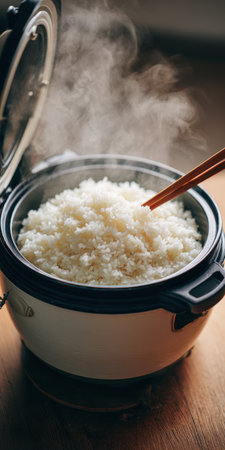 Freshly cooked white rice steaming in an open electric rice cooker, with a pair of chopsticks resting in the fluffy grains, creating a warm culinary atmosphereの素材