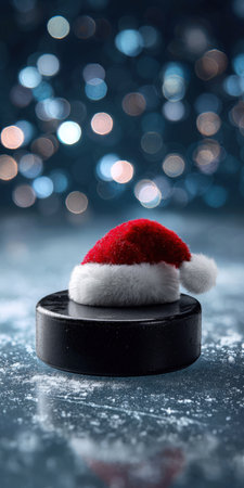 Ice hockey puck wearing a red santa hat rests on frosted ice with sparkling bokeh lights, creating a festive winter sports scene perfect for holiday, seasonal, and sport themesの素材