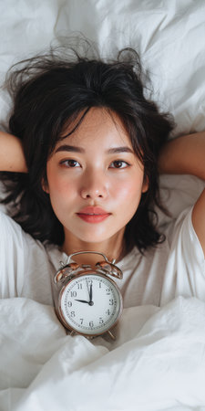 Young Asian woman sleeping in bed, waking up with an alarm clock, feeling refreshed and ready for an early start to her day, symbolizing morning routine and restの素材