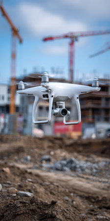 Professional drone with camera flying low over a new building construction site, providing aerial surveillance and technological assistance for development and infrastructure projectsの素材