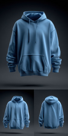 Blue hoodie floating on a neutral studio backdrop, front and side views for apparel mockup and branding, minimalist template with copy space for e-commerce and product displayの素材