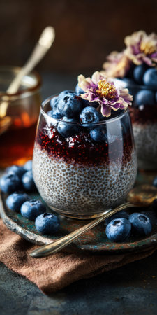 Layered chia pudding with silky blueberry jam, fresh berries and edible flower garnish in a glass jar-vegan, gluten-free sweet breakfast or light dessert for healthy eatingの素材