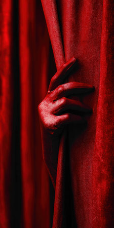 Red hand with textured skin pulling back a dark velvet stage curtain, creating an atmosphere of anticipation and mystery with a touch of theatrical dramaの素材