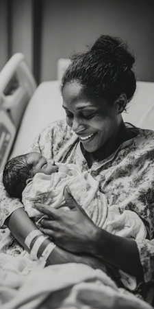 New mother tenderly holding newborn in hospital bed, black-and-white portrait capturing joyful bonding, postpartum tenderness, warm parental love and quiet gratitudeの素材