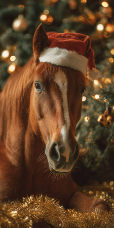 Chestnut horse wearing a santa hat and golden tinsel, close-up portrait with warm bokeh lights and a decorated christmas tree creating a joyful holiday sceneの素材