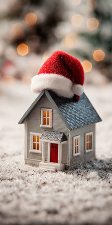 Miniature model house wearing a santa hat, nestled in artificial snow with warm bokeh lights in the background, evoking cozy holiday charm, festive spirit and winter warmthの素材