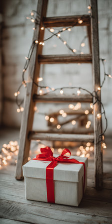 Gift box with a red ribbon and bow standing on a rustic wooden floor, with a decorative wooden ladder adorned with warm, sparkling christmas string lights creating a festive holiday atmosphereの素材