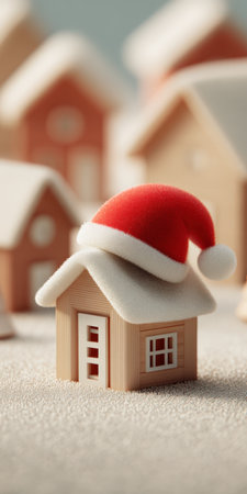 Miniature wooden house with a red santa hat on its snowy roof, standing in a whimsical festive village scene, symbolizing holiday season and cozy winter home conceptsの素材