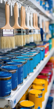 Paint brushes hanging on display racks above rows of blue and yellow paint cans, showcasing home improvement and diy supplies in a hardware store settingの素材