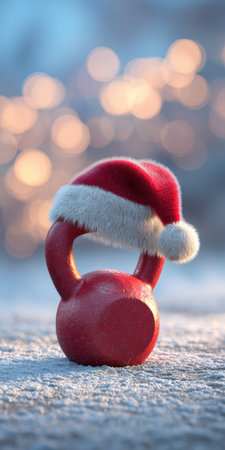 Kettlebell in a santa hat on frosty snow, festive bokeh lights behind, symbolizing holiday fitness, winter training and new year strength and resolution outdoorsの素材