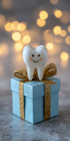 Smiling tooth character sitting on a small blue gift box tied with a golden ribbon, representing childhood traditions and dental care concepts against blurred bokeh lightsの素材