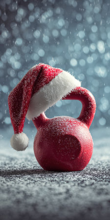 Red kettlebell wearing a festive santa hat in a snowy setting with falling snowflakes, symbolizing dedication to health and wellness during the holiday seasonの素材