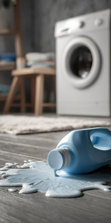 Laundry detergent bottle lying on side on dark wooden floor, spilling blue liquid and white foam in a domestic laundry room with a washing machine in the backgroundの素材