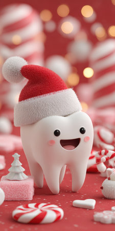 Adorable tooth character smiling and wearing a santa hat, surrounded by festive christmas candy and decorations, representing dental care during holidaysの素材