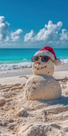 Sand snowman wearing a santa hat and sunglasses stands on a tropical beach, celebrating warm weather Christmas with the ocean and blue sky in the backgroundの素材