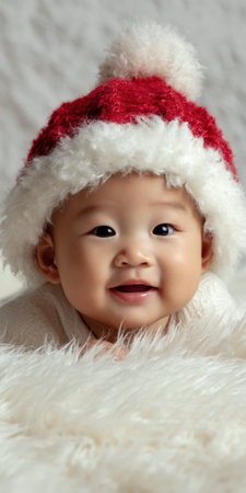 Happy innocent infant asian baby posing on soft white furry blanket, wearing a warm festive red and white santa hat, capturing the joy of the holiday seasonの素材