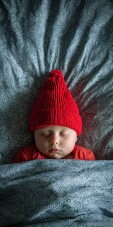Baby resting with eyes closed, wearing a cozy red knit hat and snuggling under a patterned blue blanket, portraying innocence and tranquility in a comfortable bed environmentの素材
