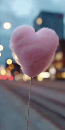 Pink heart-shaped cotton candy on a stick stands out against a blurry city street background with bokeh lights during twilight, representing sweetness, love, and childhood joyの素材