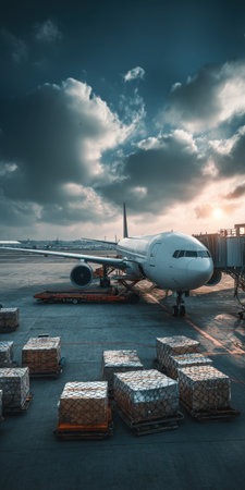Commercial aircraft waiting at the airport gate with transport pallets and cargo containers on the tarmac, illustrating global logistics and freight import-exportの素材