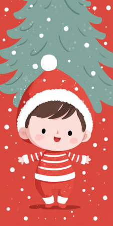 Cartoon illustration featuring a happy boy wearing a red and white striped outfit and santa hat, standing smiling under a christmas tree with falling snow, bringing festive joy and cheerの素材