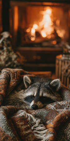 Raccoon sleeping peacefully cuddled in a warm knitted blanket next to a glowing fireplace, creating a cozy and comfortable atmosphere during an autumn or winter eveningの素材