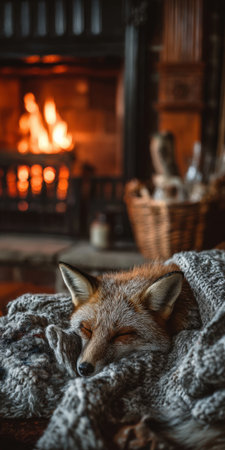 Fox cuddled in a warm knitted blanket, sleeping peacefully in front of a flickering fireplace, creating a cozy and comfortable atmosphere during winterの素材