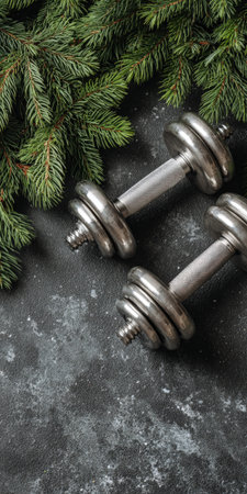 Dumbbells displaying adjustable weight plates rest on a dark textured surface next to green fir branches, representing healthy lifestyle choices for Christmas and new year's resolutionsの素材