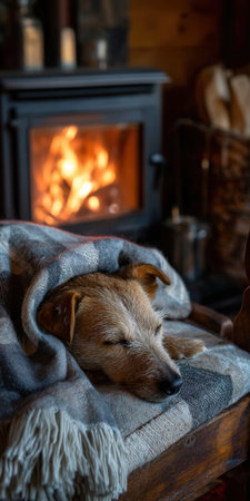 Terrier dog sleeping soundly and feeling cozy on a chair, covered by a warm blanket, enjoying the comforting heat and warm glow from a wood burning stoveの素材
